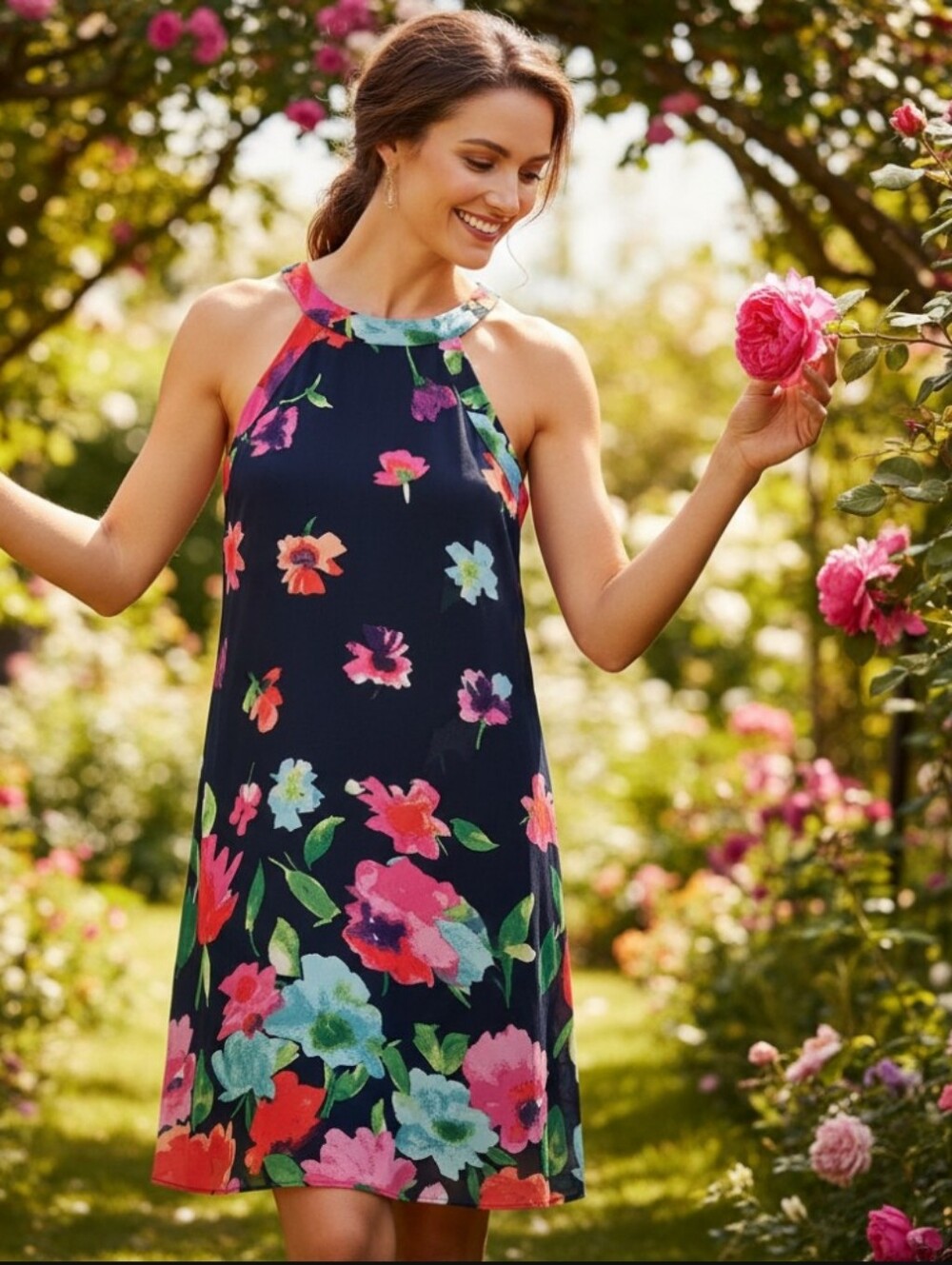 Betsey Johnson Floral Halter Neck Chiffon Shift Dress Size 6